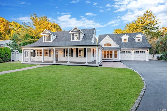 new england style home with covered porch, a garage, and a front yard