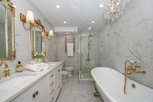 full bathroom with a bidet, toilet, tile walls, independent shower and bath, and a chandelier