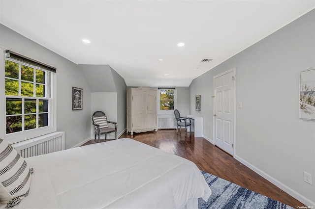 bedroom with dark hardwood / wood-style floors, lofted ceiling, and radiator