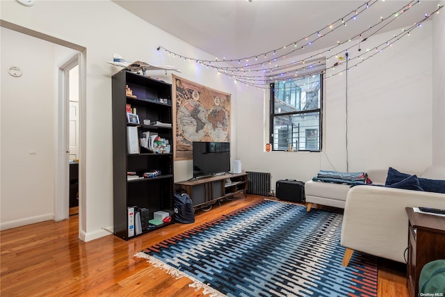 living room with hardwood / wood-style floors and radiator