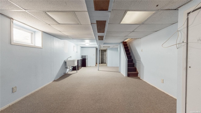 basement featuring carpet flooring, a drop ceiling, and sink