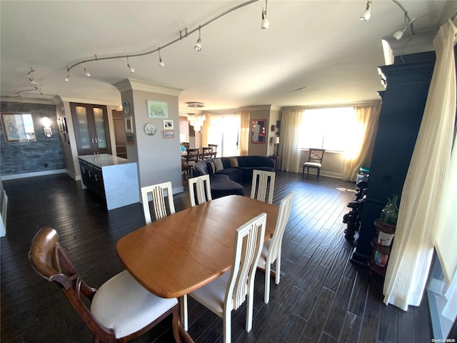 dining space with crown molding, dark hardwood / wood-style flooring, and track lighting