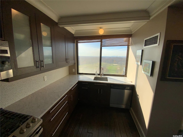 kitchen featuring electric range, dishwasher, sink, dark hardwood / wood-style flooring, and crown molding