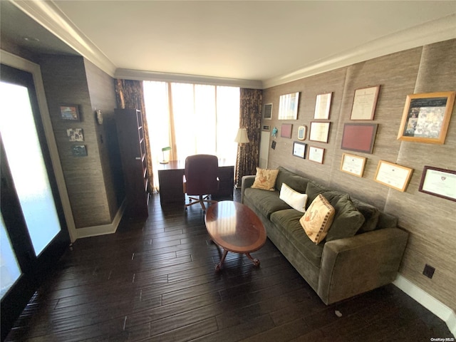 living room with ornamental molding and dark wood-type flooring