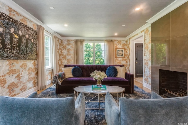 living room featuring a large fireplace, ornamental molding, and hardwood / wood-style flooring