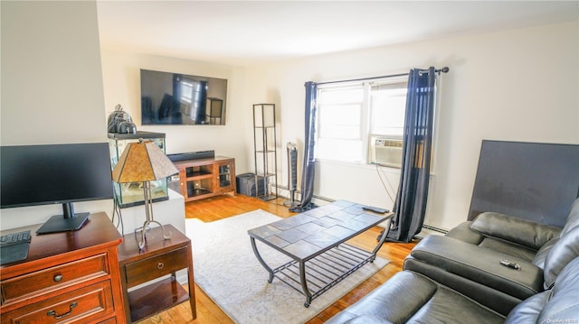 living room featuring cooling unit and light hardwood / wood-style flooring