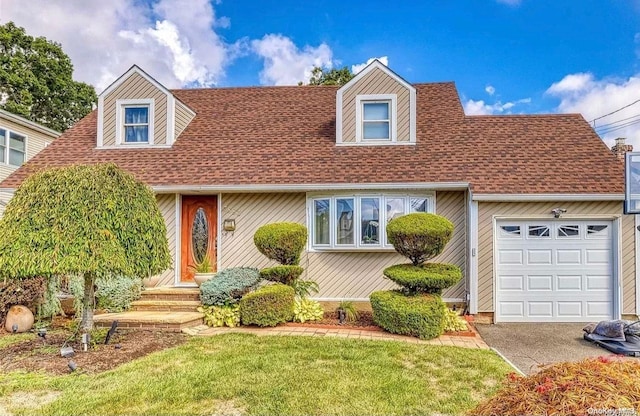 cape cod house with a front yard and a garage