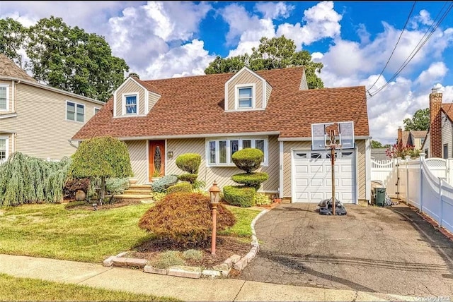 cape cod home featuring a garage and a front yard