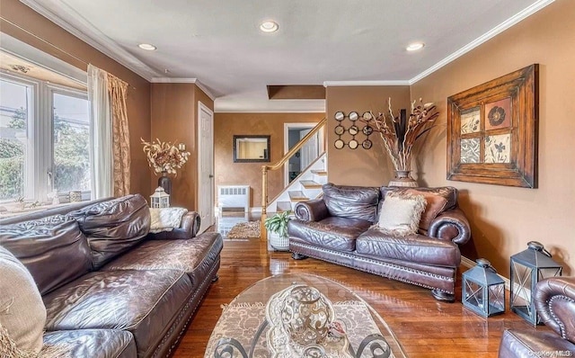 living room featuring wood-type flooring, radiator heating unit, and ornamental molding