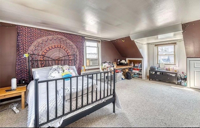 carpeted bedroom featuring cooling unit, lofted ceiling, and multiple windows