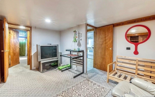 living room with light colored carpet