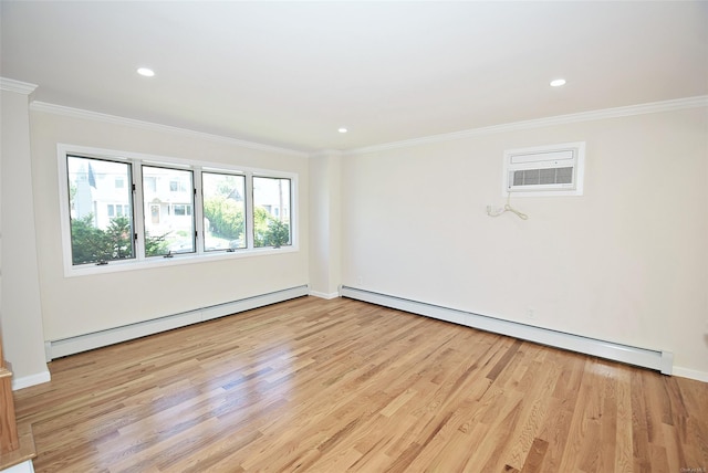 unfurnished room with a baseboard radiator, light wood-style flooring, crown molding, recessed lighting, and baseboards