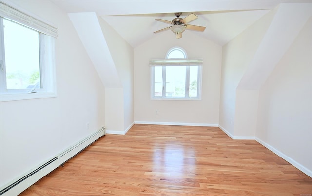 bonus room featuring a baseboard heating unit, lofted ceiling, light wood-type flooring, a ceiling fan, and baseboards