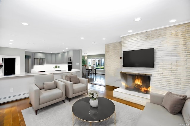 living room featuring a fireplace, a baseboard radiator, and light hardwood / wood-style flooring