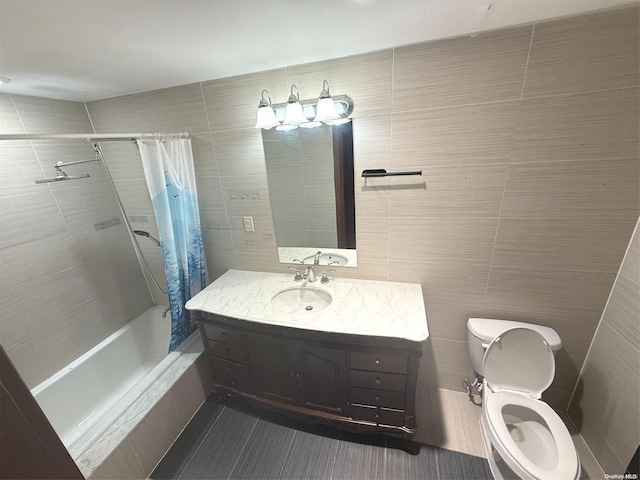 full bathroom featuring shower / bath combination with curtain and tile walls