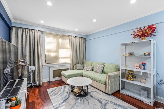 living room with crown molding and dark wood-type flooring