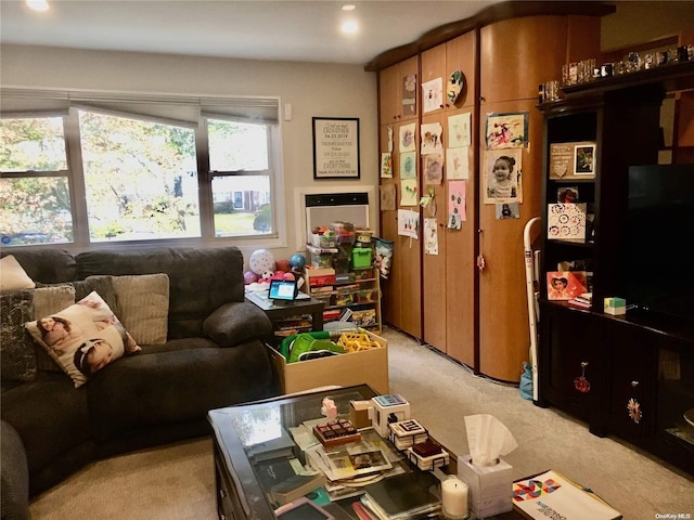 living room featuring light colored carpet