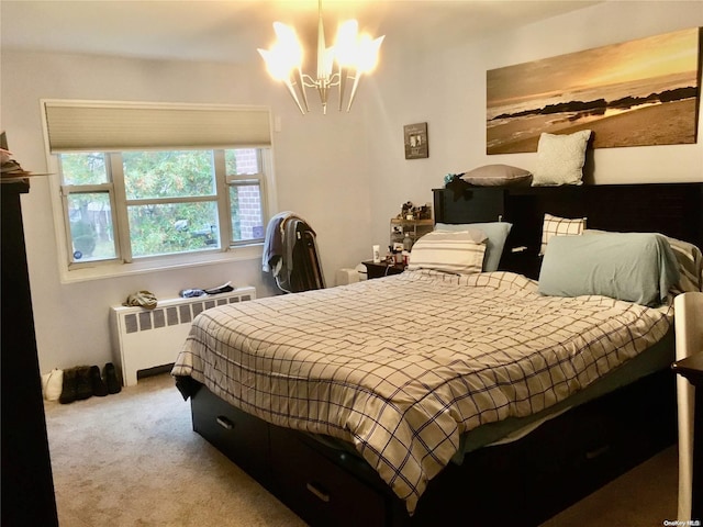 bedroom with light colored carpet, radiator, and an inviting chandelier