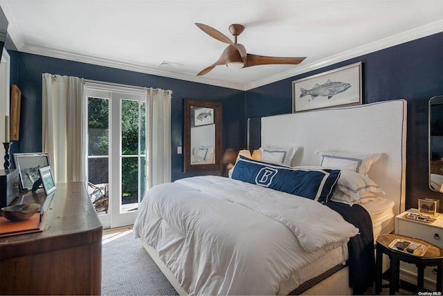 bedroom with access to exterior, ceiling fan, and crown molding