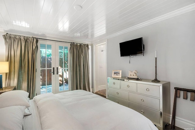 bedroom featuring wood ceiling, crown molding, access to outside, and french doors