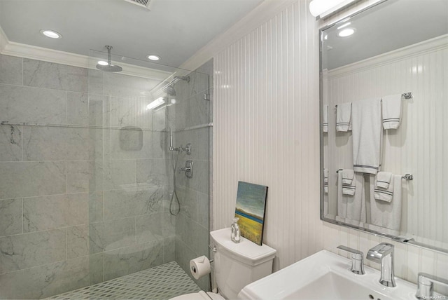 bathroom featuring toilet, an enclosed shower, crown molding, and sink