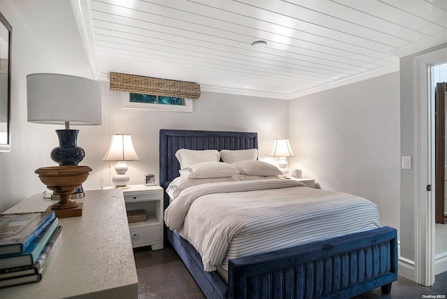 bedroom with crown molding and wooden ceiling