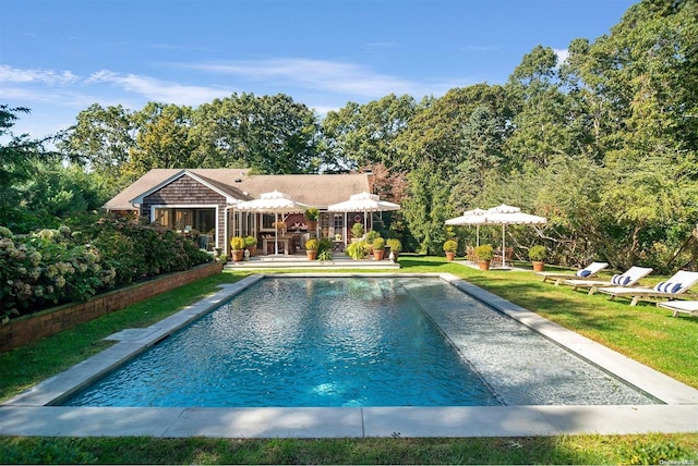 view of pool featuring a yard and a patio area