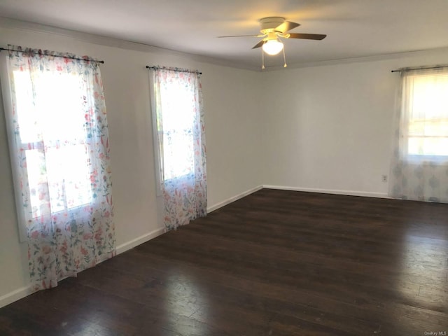 spare room with dark hardwood / wood-style flooring, ornamental molding, and ceiling fan