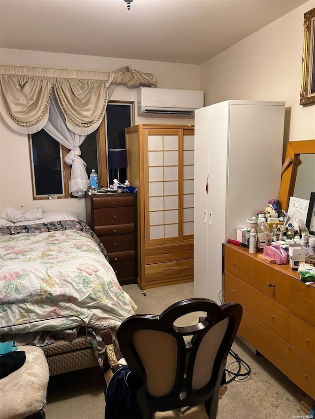 bedroom featuring light colored carpet and a wall unit AC