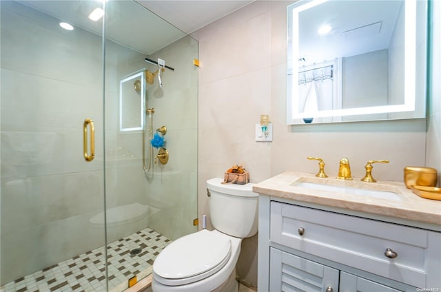 bathroom featuring toilet, vanity, and walk in shower