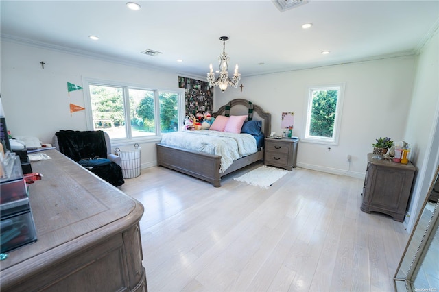 bedroom featuring multiple windows, a chandelier, light hardwood / wood-style floors, and ornamental molding