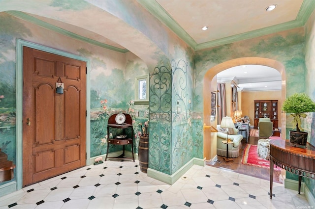 285 Piping Rock Rd, Locust Valley, NY 11560 - tiled entrance foyer with arched walkways, ornamental molding, and recessed lighting