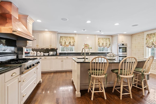 kitchen with premium range hood, a kitchen island with sink, dark wood-type flooring, sink, and appliances with stainless steel finishes