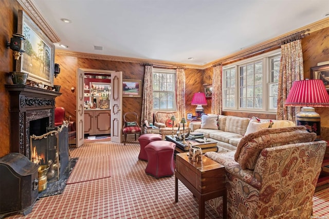285 Piping Rock Rd, Locust Valley, NY 11560 - living room featuring ornamental molding, wood walls, a high end fireplace, and carpet floors