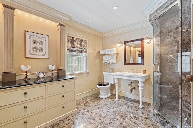 bathroom with toilet, a shower with shower door, crown molding, and ornate columns