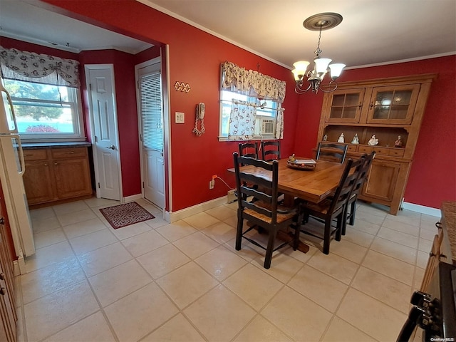 dining space with cooling unit, crown molding, light tile patterned floors, and a notable chandelier