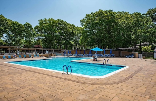 view of swimming pool featuring a patio