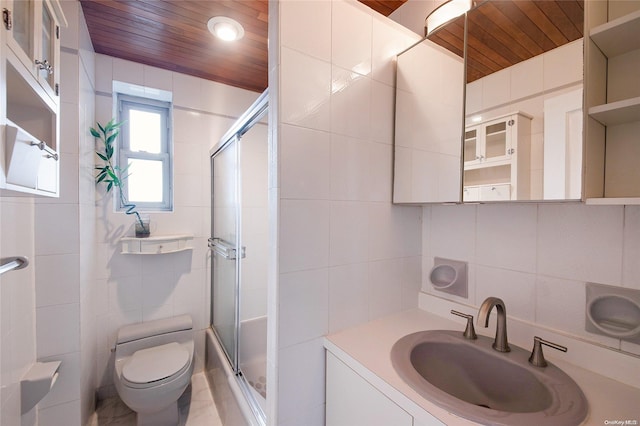 full bathroom with toilet, wood ceiling, and tile walls