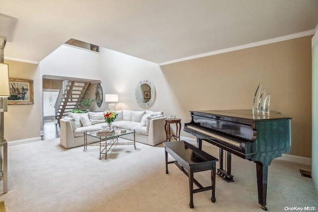 carpeted living room featuring crown molding