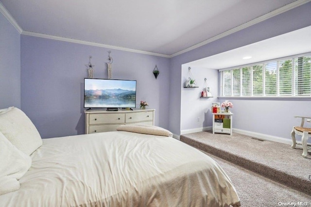 bedroom with carpet flooring and crown molding