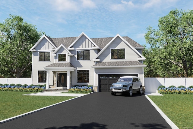 view of front facade with aphalt driveway, board and batten siding, a front lawn, and fence