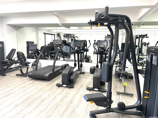 exercise room with wood-type flooring