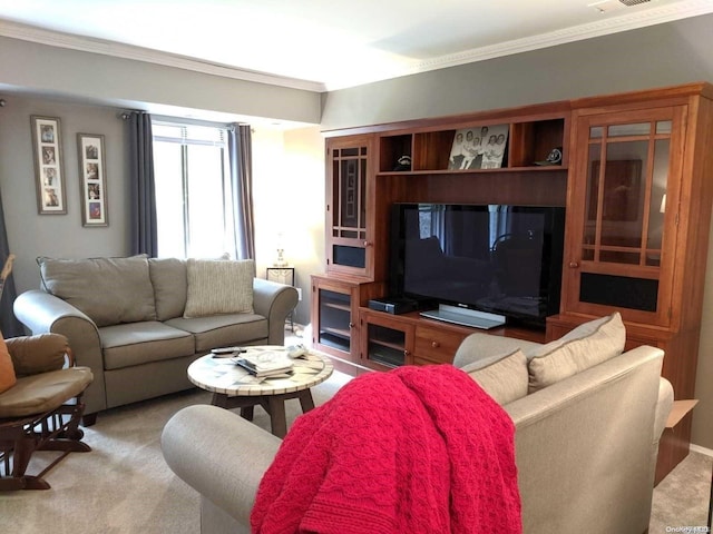 carpeted living room featuring crown molding