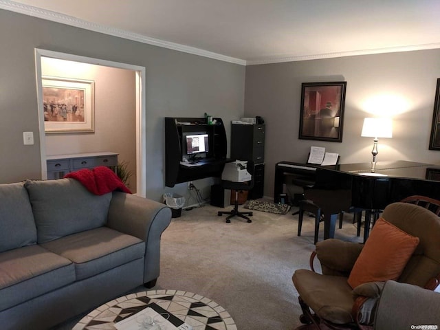 carpeted living room with ornamental molding