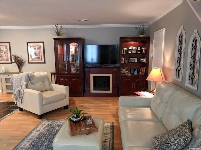 living room featuring light hardwood / wood-style floors and crown molding