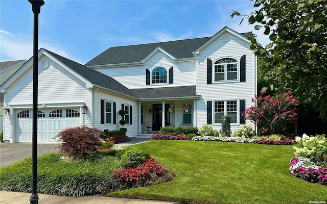 view of front of house with a front yard and a garage