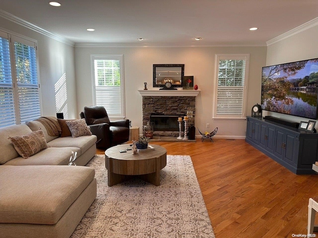 living room with a fireplace, hardwood / wood-style floors, and crown molding