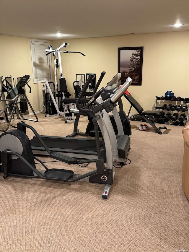 workout area with carpet floors