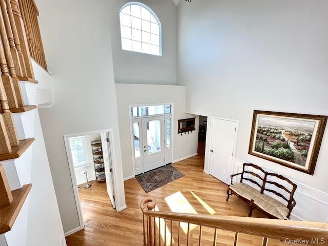 entryway featuring plenty of natural light, a towering ceiling, and light hardwood / wood-style flooring