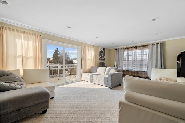 living room with ornamental molding